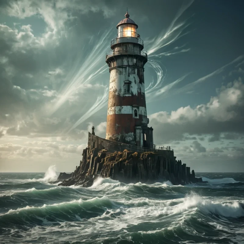 An ethereal, colossal, ancient lighthouse, its rusted, barnacleencrusted tower piercing the heart of a boundless, stormtossed ocean, stands as a silent, celestial beacon. The lighthouses colossal, dormant Fresnel lens, crafted from a labyrinth of interlocking, iridescent prisms, casts dynamic, ethereal shadows across the turbulent seas, revealing intricate, ancient maritime symbols etched into the weathered, seaweedkissed terrain. Within, a spectral figure, clad in a tattered, vintage lighthouse keepers uniform, drifts through the desolate space, their form composed of swirling, waterkissed motes of light.