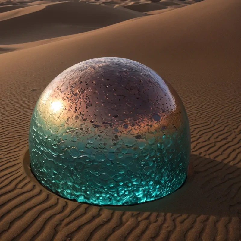 A sweeping, panoramic photorealistic shot of a massive, undulating dune landscape composed entirely of compressed, finegrite sand mixed with crushed, semiprecious garnets, creating a surface that sparkles with deep, winered flecks under the low angle of a twin sun. Resting on the crest of the highest dune is a colossal, spherical drum made of hammered, tarnished copper, its surface inscribed with concentric, topographic maps of fictional continents that glow with a faint, pulsing teal bioluminescence. A single, ultrathin, translucent membrane of iridescent soap film stretches tautly across the face of the drum, vibrating with visible, highfrequency ripples that distort the light passing