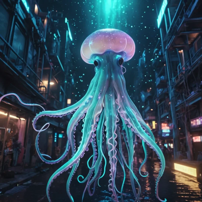 A luminescent, bioluminescent squid navigating through an underwater neon metropolis, its tentacles leaving trails of stardust, hyperrealistic, 4K, cinematic lighting, volumetric lighting, atmospheric effects, soft focus, lens flare, pastel tones, detailed textures.