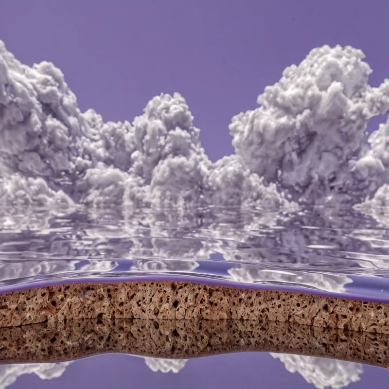 A horizontal, wideangle macro photograph of a seamless, continuous sheet of liquid chrome stretching across the frame, its surface perfectly smooth and reflective, mirroring a surreal, inverted sky filled with soft, volumetric clouds in shades of lavender and pale grey. The liquid is not still it is caught in the exact moment of a slow, viscous wave cresting in the center, creating a sharp, convex peak that distorts the reflection into a warped, convex lens effect. Embedded within the crest of the wave, suspended in the clear, metallic liquid, are hundreds of tiny, perfectly rigid, cubic blocks made of rough, porous cork, their organic texture contrasting sharply with the sleek, mirrorlike finish of the chrome. The lighting is soft and diffuse