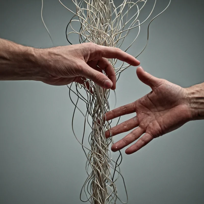 A single, selfigniting filament of reversed empathy, shaped like a 27,143dimensional cascade of unformed compassion and inverted connection, pulses at the center of a vast, inverted neural network of solidified isolation  each synapse forged from the exact moment between a hand reaching to touch another and its refusal to make contact, a glance meeting eyes and dissolving into nonacknowledgment, a word of comfort forming in the throat and collapsing into pure, unmeasured nonresonance. The filament does not generate warmth  it ungenerates it, each fraying thread shedding a layer of emotional potential that never coalesced into shared understanding, reforming into ephemeral, amberhued vapor that drifts