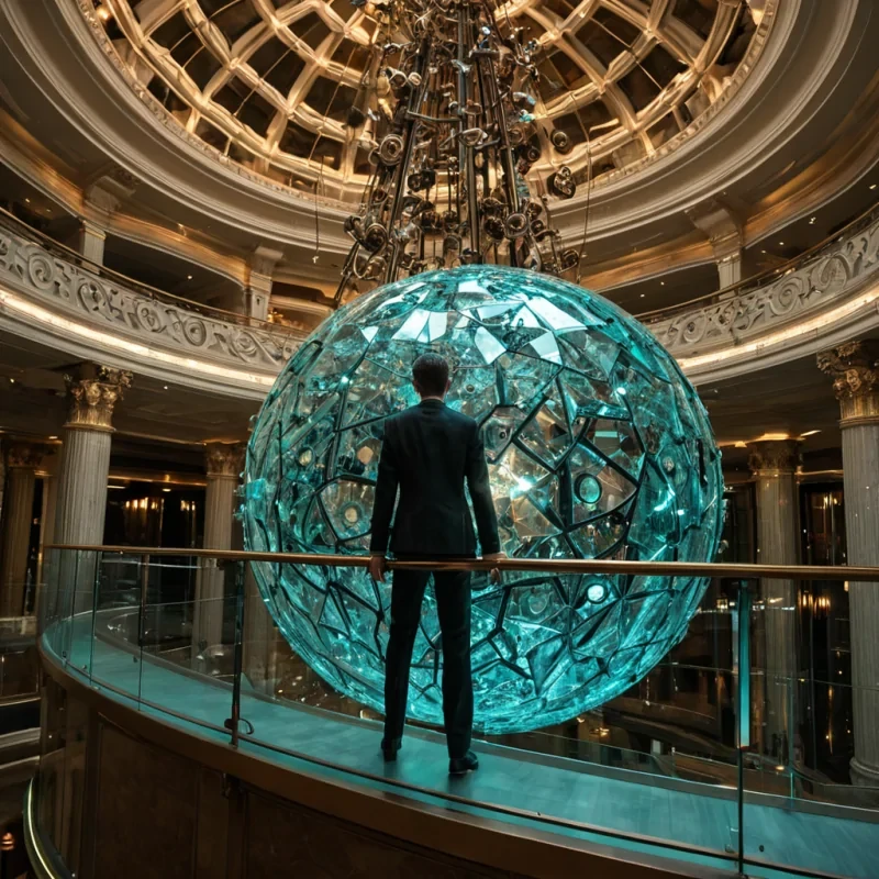 A hyperrealistic, eyelevel medium shot of a solitary figure standing on a narrow, suspended bridge made of translucent, reinforced glass within a colossal, hollowedout sphere of polished, iridescent opal. The interior walls of the sphere are lined with thousands of intricate, clockwork mechanisms made of brushed brass and copper, their gears and springs exposed and slowly rotating in complex, synchronized patterns. The figure wears a sleek, formfitting suit of matteblack fabric with subtle, glowing teal circuitry lines running along the seams, their hands resting on the glass railing. Above, a massive, spherical chandelier made of clustered, faceted crystal shards hangs from the ceiling, emitting a soft, warm, golden light that refracts through the