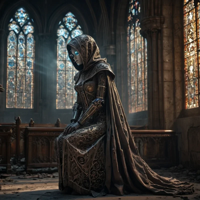 Photorealistic, Ultra HD portrait of a melancholic, sentient automaton, its metallic body adorned with intricate, tarnished filigree, sitting alone in a vast, abandoned cathedral, surrounded by towering, gothic arches and faded, stainedglass windows, with cinematic lighting casting dramatic shadows and emphasizing the intricate, steampunkinspired design, and a subtle, cool bokeh effect creating a sense of isolation and melancholy, as a lone, spectral comet streaks across the night sky, its glowing tail leaving a trail of stardust in its wake, while a spectral, ethereal figure, cloaked in a tattered, hooded robe, stands silently at the edge of