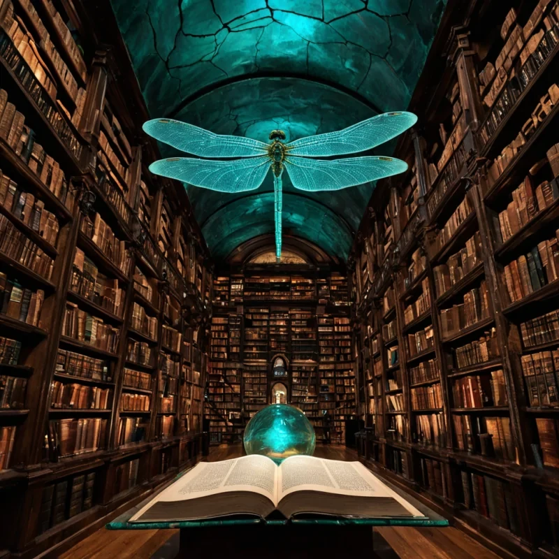 A highcontrast, mediumformat photograph of a vast, subterranean library carved into the interior of a hollowedout, colossal geode, but the books are not paper they are thin, translucent sheets of dried, iridescent dragonfly wings, stacked in precarious, spiraling towers that reach toward a dim, bioluminescent ceiling. The air is thick with suspended, microscopic particles of crushed turquoise malachite that drift lazily, catching the light from the wings to create a hazy, electric blue atmosphere. In the foreground, a single, oversized, mechanical reading stand made of polished, rusted brass holds one open wingpage, its veins acting as text lines that glow with a faint, warm amber pulse