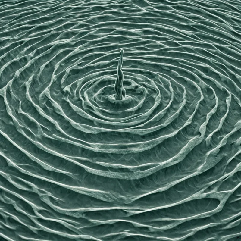 A single, selfoscillating filament of reversed resonance, shaped like a 6,347dimensional tangle of unformed vibration and inverted frequency, drifts through a vast, inverted lagoon of solidified soundeach ripple carved from the exact moment between a note being struck and its refusal to propagate, a chord forming and dissolving into nonharmonic mist, a song beginning and collapsing into pure, unmeasured silence. The filament does not vibrateit unvibrates, each spiraling strand shedding a layer of acoustic potential that never coalesced into shared rhythm, reforming into ephemeral, sapphirethreaded afterimages shaped like the negative space between two hands that never clapped in synchronized rhythm. The
