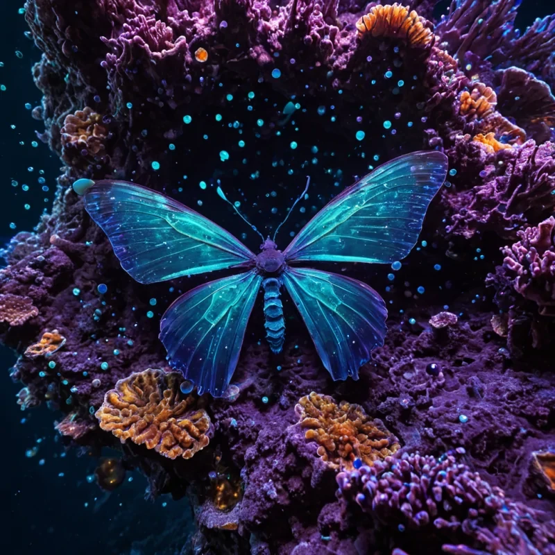 A hyperrealistic, lowangle macro shot of a massive, vertical crosssection of a living, bioluminescent coral reef suspended in a void of dense, dark violet water. The coral structure is not organic but composed of interlocking, translucent hexagonal plates of polished amber crystal, each plate pulsing with a slow, rhythmic internal light that shifts from deep indigo to bright cyan. Embedded within the crystalline matrix are thousands of tiny, perfectly spherical droplets of liquid mercury, each one reflecting the surrounding light in sharp, distorted fragments. Hovering just above the reef is a single, intricate, mechanical butterfly with wings made of flexible, transparent graphene mesh, etched with microscopic circuits that glow with a faint, electric green pulse.