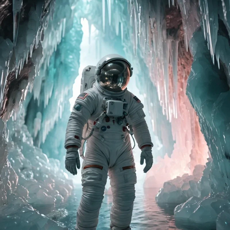 A lone astronaut drifting through a crystal cave system, their spacesuit illuminated by the glow of luminescent stalactites, hyperrealistic, 4K, cinematic lighting, volumetric lighting, atmospheric effects, dynamic lighting, soft focus, pastel tones, detailed textures.