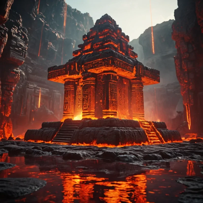 A levitating, ancient temple suspended over a lava lake, its walls adorned with glowing, runic inscriptions, hyperrealistic, 8K, cinematic lighting, volumetric lighting, atmospheric effects, dynamic lighting, bokeh effect, soft focus, lens flare, fiery reds and oranges, detailed textures.