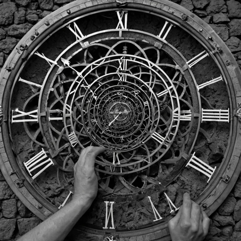 A single, selforganizing swarm of reversed time, shaped like a 31dimensional lattice of unformed chronology and inverted causality, drifts through the center of a vast, inverted clocktower of solidified motioneach gear forged from the petrified instant between a hands turn and its refusal to rotate, a seconds passage and its sudden reversal into a backward tick, a pendulums swing and its silent collapse into stillness. The swarm does not flowit unflows, each shimmering particle shedding a layer of temporal potential that never coalesced into a shared sequence, reforming into ephemeral, topazthreaded afterimages shaped like the negative space between two hands that never touched a clock face, suspended