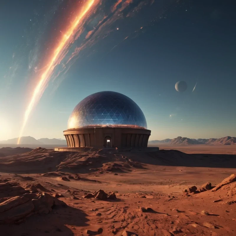 A colossal, ancient observatory, its colossal lens crafted from a single, flawless sapphire, gazes into the cosmos from the heart of a vast, otherworldly desert. The observatorys colossal, rotating dome casts dynamic, prismatic shadows across the desolate landscape, revealing intricate, alien constellations etched into the parched, crimson sands. Ultra HD, cinematic volumetric lighting, atmospheric lens flare, vibrant, extraterrestrial colors.