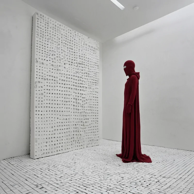 A vertical, highcontrast editorial photograph of a standing figure draped in a garment constructed entirely from hundreds of rigid, flat, rectangular slabs of matte, deep crimson ceramic, overlapping like scale armor but with the precise geometry of architectural tiles. The figure is positioned in a stark, white, infinite studio space, casting a sharp, geometric shadow that distorts slightly at the edges due to heat haze. The ceramic slabs are not solid but are perforated with a grid of tiny, circular holes, through which a dense, cold, blue gas slowly seeps and diffuses into the white environment. The figures face is obscured by a smooth, featureless mask made of brushed titanium, reflecting the surrounding white void with a subtle, distorted mirror effect