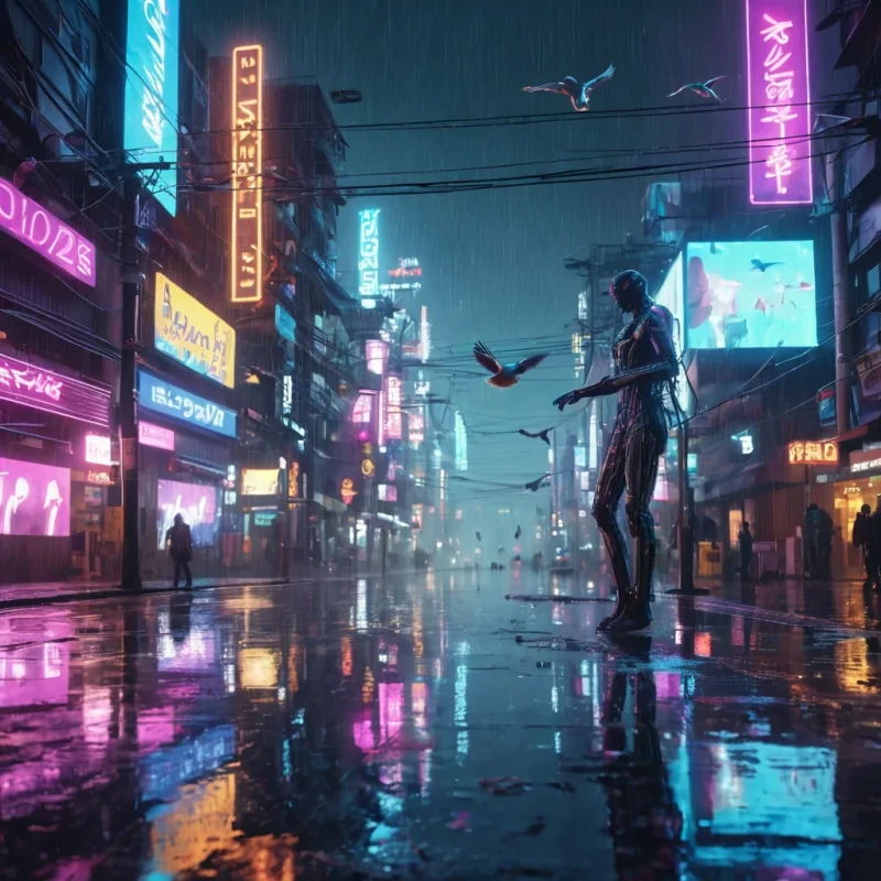 A levitating, neonlit neon metropolis reflected on the wet streets below, with holographic advertisements flickering in the rain, while cybernetic birds perch on glowing power lines, hyperrealistic, 4K, cinematic lighting, volumetric lighting, atmospheric effects, bokeh effect, vibrant colors, detailed textures.
