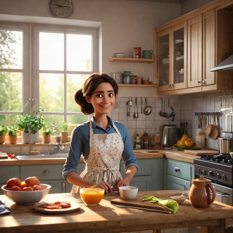 Generate a photorealistic image in 3D Pixar style of Amina as she prepares breakfast in the kitchen. Amina, a nurturing woman in her mid30s, is busy cooking. The kitchen is warm and inviting. It is cozy kitchen with a wooden table, fresh flowers, and sunlight streaming through the window. Amina is wearing an apron and smiling softly. Amina is the character in httpsaiphotoscdn.futuretronics.eugenerationimagesthumbnails5c3sO6cLJcnGyr01740510559.webp of same image ID which you already generated.
