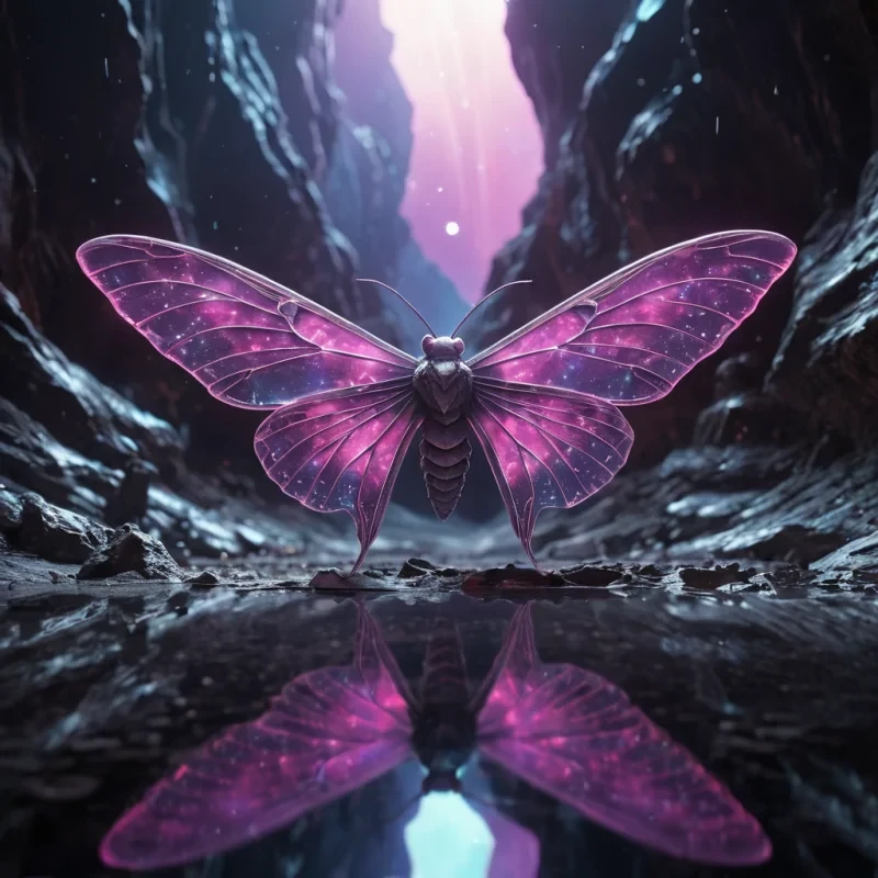 A lone, luminescent moth with wings of shimmering glass soars through a cavernous, alien landscape, its reflection dancing on the iridescent, crystalline formations that stretch towards an alien sky, hyperrealistic, 8K, cinematic lighting, volumetric lighting, atmospheric effects, dynamic lighting, bokeh effect, soft focus, lens flare, neon purples, electric pinks, and metallic blacks, detailed textures.