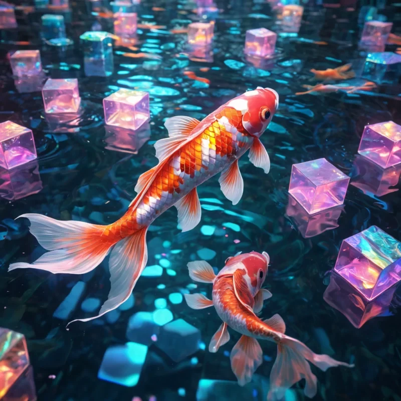 Hyperrealistic neon koi fish with iridescent scales, gracefully swimming through a floating, geometric labyrinth of reflective, swirling pastel cubes, dynamic lighting with volumetric beams, soft focus on its delicate, luminescent body, vibrant colors, 4K resolution, lens flare dancing around its ethereal form in a surreal, futuristic underwater sanctuary.
