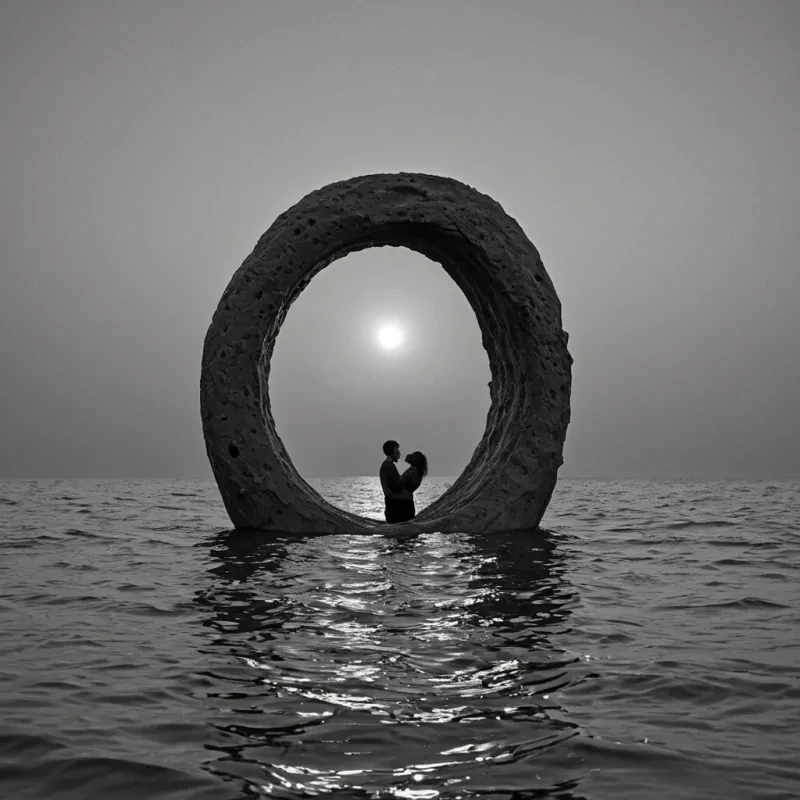 A single, selferoding monolith of solidified silence, shaped like a toroidal void of reversed auditory absence, floats at the center of a vast, inverted ocean of compressed, unspoken lullabies from a civilization that communicated through the duration of synchronized, silent rocking. The monolith does not absorb soundit unsings, each rotation dissolving a layer of melody that never coalesced into a lullaby, reforming into ephemeral, moonstoneveined afterimages shaped like the negative space between two arms that never cradled the same infant in the same moment of mutual tenderness. The ocean is not liquidit is a layered expanse of petrified lullaby resonance, each wave etched