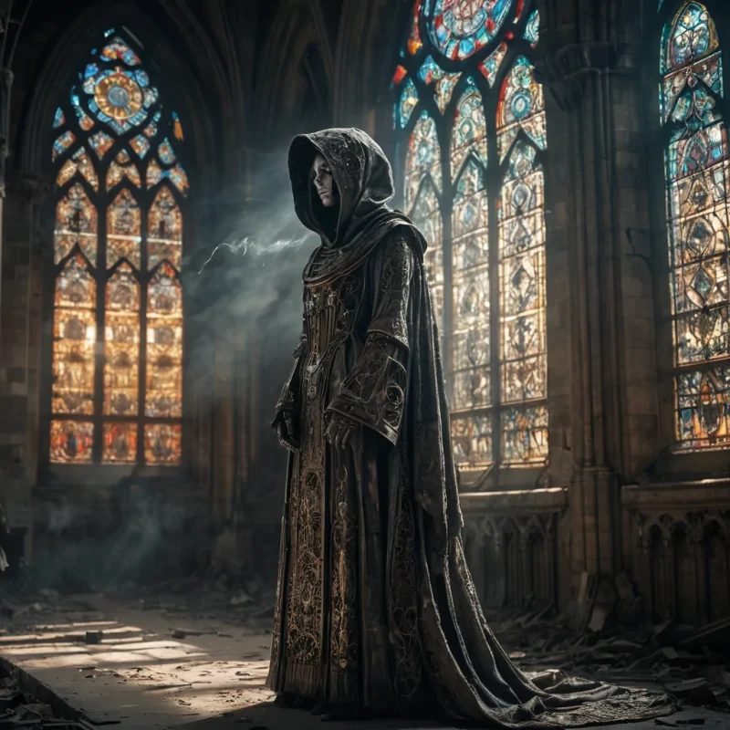 Photorealistic, Ultra HD portrait of a melancholic, sentient automaton, its metallic body adorned with intricate, tarnished filigree, standing alone in a vast, abandoned cathedral, surrounded by towering, gothic arches and faded, stainedglass windows, with cinematic lighting casting dramatic shadows and emphasizing the intricate, steampunkinspired design, and a subtle, cool bokeh effect creating a sense of isolation and melancholy, as a lone, spectral comet streaks across the night sky, its glowing tail leaving a trail of stardust in its wake, while a spectral, ethereal figure, cloaked in a tattered, hooded robe, stands silently at the edge of