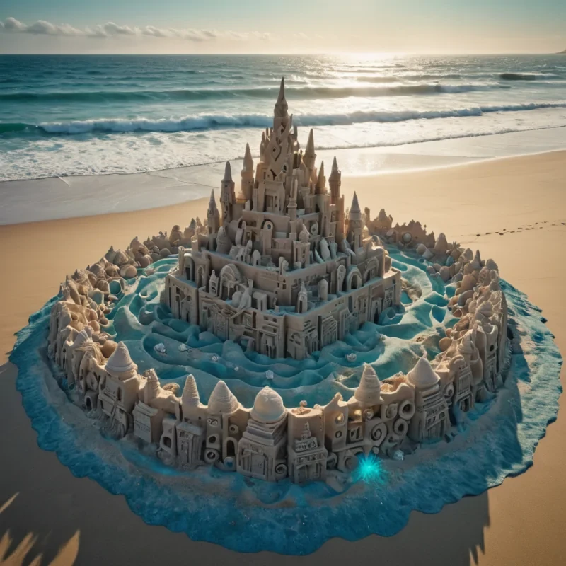 An ancient, colossal, sentient sandcastle, sculpted from a labyrinth of interlocking, iridescent seashells, teeters on the precipice of a vast, undulating, azure sea. The sandcastles intricate, geometric patterns cast dynamic, ethereal shadows across the desolate landscape, revealing ancient, luminescent sigils that pulse with an otherworldly energy. Within, a spectral figure, clad in a tattered, vintage beachcombers uniform, drifts through the desolate space, their form composed of swirling, sandkissed motes of light. Ultra HD, cinematic volumetric lighting, atmospheric lens flare, vibrant, seashellinspired colors.