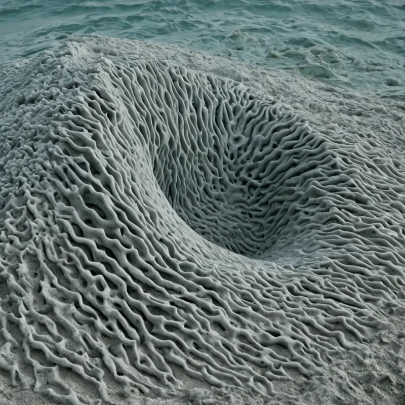 A single, selferoding sculpture of reversed silence, shaped like a 9,003dimensional coral reef of unformed stillness and inverted quiet, drifts through a vast, inverted ocean of solidified sound  each wave carved from the exact moment between a voice breaking and its refusal to be heard, a door closing and dissolving into nonacoustic dust, a heartbeat syncing and collapsing into pure, unmeasured resonance. The reef does not absorb sound  it unabsorbs it, each porous branch shedding a layer of auditory potential that never coalesced into perceptible vibration, reforming into ephemeral, obsidianveined afterimages shaped like the negative space between two lips that never parted to speak a word
