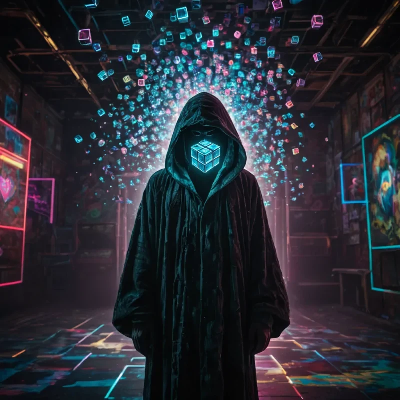 A hyperrealistic, 4K portrait of a lone, sentient, neonlit holographic Rubiks cube, its ethereal form pulsating with intricate, bioluminescent fractal patterns, suspended in the heart of a vast, abandoned, neonlit arcade, with volumetric lighting casting dramatic shadows and emphasizing the cubes dynamic, fluid movements, and a subtle, cool bokeh effect creating a sense of isolation and melancholy, as a spectral, ethereal figure, cloaked in a tattered, hooded robe, stands silently at the edge of the frame, their face obscured by shadows, adding an enigmatic, haunting touch to the otherwise abstract scene.