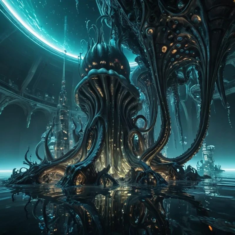 Photorealistic, colossal, undulating, obsidian, cephalopod metropolis, its hyperrealistic, 4K, chitinous structures revealing ultra HD glimpses of a pulsating, bioluminescent, underwater world within. Volumetric lighting from unseen, bioluminescent sources etches the citys ethereal, fractal towers, casting intricate, dynamic, inky shadows on the inverted, reflective surface. Cinematic lighting bathes the scene in vibrant, otherworldly hues, with lens flare emphasizing the citys central, radiant, throbbing, cephalopod heart, pulsating with captive, alien marine life.