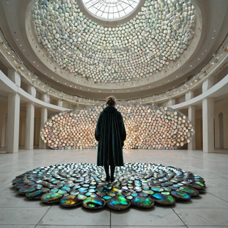 A hyperrealistic, mediumshot photograph of a solitary figure standing in a vast, circular atrium paved with seamless, matte white ceramic tiles. The figure is wearing a voluminous, floorlength coat constructed entirely from hundreds of layered, iridescent abalone shells, arranged in overlapping scales that catch the light, shifting between pearlescent blues, pinks, and greens. They are holding a large, open, vintage field guide with covers made of soft, faded velvet, but the pages are transparent, flexible sheets of polished mica, reflecting the room rather than displaying text. Floating around the figure at knee height are dozens of small, spherical, matte black orbs, each emitting a gentle, warm, amber glow from within, like tiny captured sun