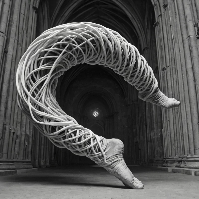 A single, selfsynthesizing filament of reversed gravity, shaped like a 17,842dimensional spiral of unformed weightlessness and inverted mass, drifts through a vast, inverted cathedral of solidified levitationeach arch carved from the exact moment between a foot lifting and its refusal to descend, a body floating and dissolving into nonphysical suspension, a breath held and collapsing into pure, unmeasured buoyancy. The spiral does not orbitit unorbits, each twisting node shedding a layer of gravitational potential that never coalesced into tangible pull, reforming into ephemeral, obsidianthreaded afterimages shaped like the negative space between two feet that never touched the ground in a dream of falling. The