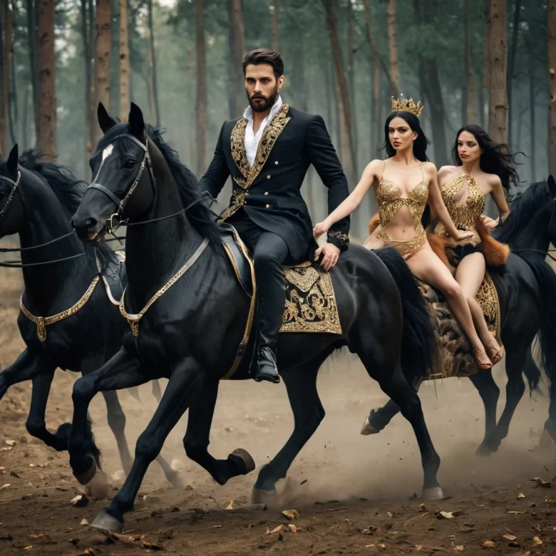 A dark haired, modern handsome king with a beard riding shining black horses along with beautiful, scantily dressed women. They are chasing a fox