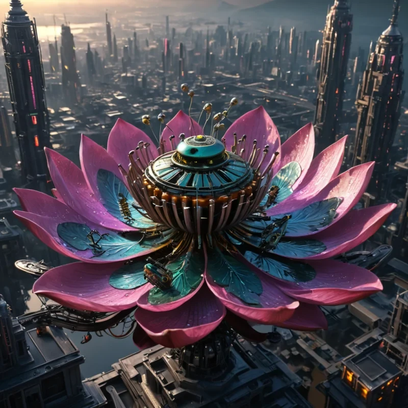 A colossal, ancient, mechanical lotus, its metallic petals unfurling to reveal a labyrinthine, neonlit city within, blooms from the heart of a vast, undulating, obsidian plain. Suspended within the lotus stamen, a holographic, sentient, mechanical swarm of dragonflies dances, casting ephemeral shadows on the citys inhabitants sentient, robotic, reptilian creatures. Rendered in ultra HD, with volumetric lighting, atmospheric effects, and vibrant colors, evoking a sense of surreal, otherworldly wonder.