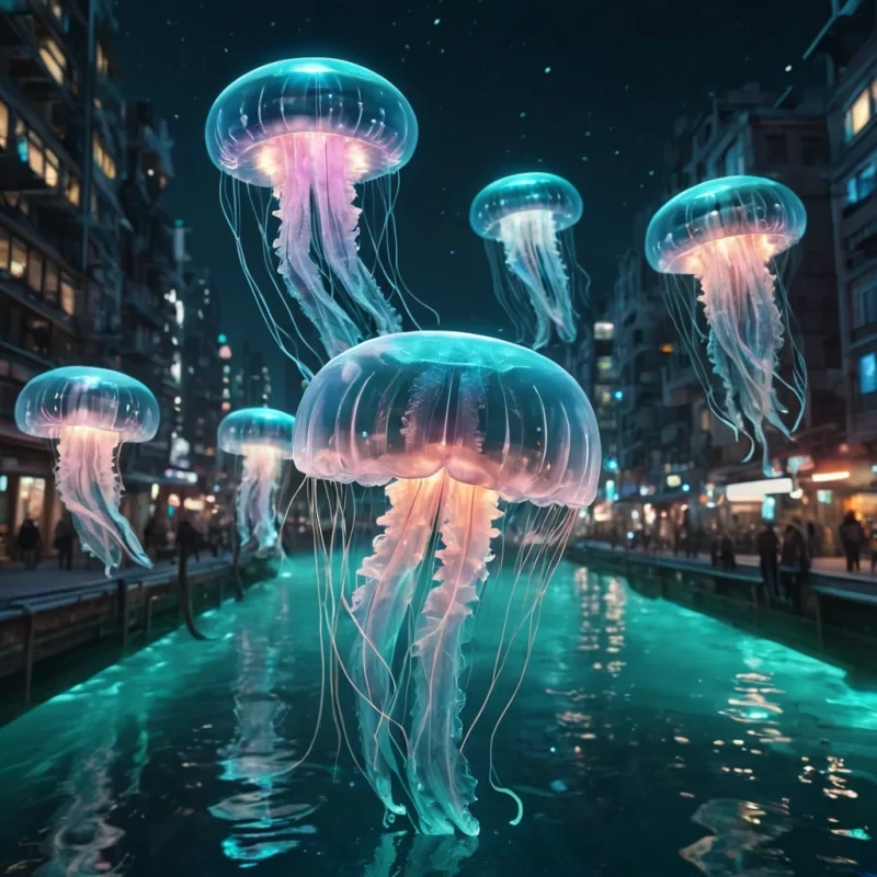 A neonlit, underwater metropolis where bioluminescent jellyfish drift through crystalclear canals, and inhabitants ride transparent, levitating vessels, hyperrealistic, ultra HD, cinematic lighting, volumetric lighting, atmospheric effects, dynamic lighting, bokeh effect, soft focus, lens flare, pastel tones, detailed textures.