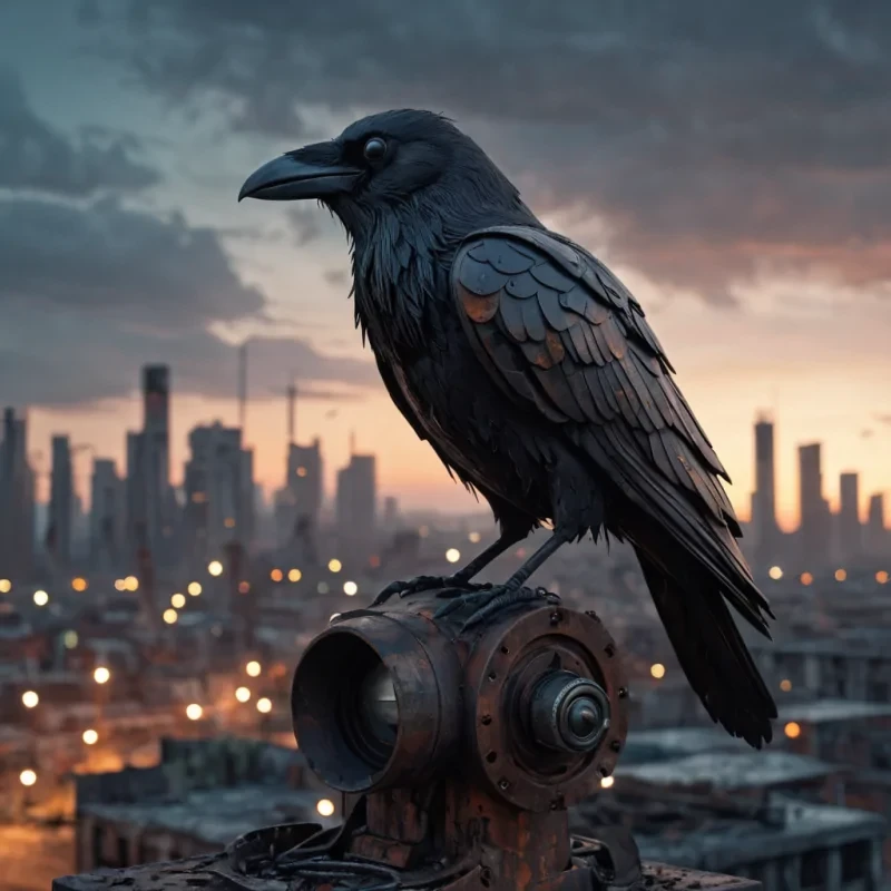 A lone, mechanical raven perched on a rusted, weathered sculpture in a postapocalyptic cityscape, its eyes glowing with an eerie, internal light as it surveys the ruined metropolis under a perpetual twilight sky, hyperrealistic, 4K, cinematic lighting, volumetric lighting, atmospheric effects, bokeh effect, detailed textures.