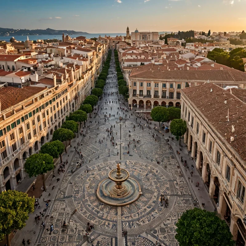 Aerial view of an ancient, grand library in the heart of a bustling mediterranean city, its domelike buildings adorned with intricate mosaic patterns and cascades of terracottacolored tiles. The streets below are a lively tapestry of people walking beneath vibrant awnings, while seagulls glide gracefully above, their silhouettes against the bright blue sky. The air is filled with the warm, golden glow of late afternoon sunlight, casting soft shadows that accentuate the intricate architectural details. Ultra HD clarity reveals the details of cobblestone paths winding through the square, leading to archways and undergardens filled with lush greenery. A small fountain in the center of the square glistens under the sun, its ripples creating a