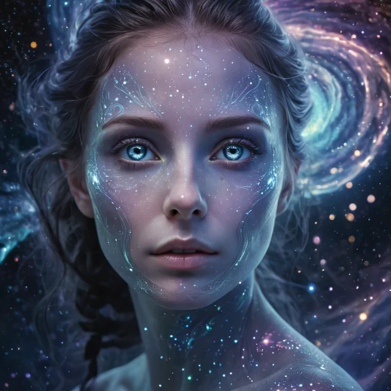 A hyperrealistic, 4K, ultra HD portrait of an ethereal being with iridescent, opalescent skin that shimmers like liquid moonlight. The beings eyes, a deep, mesmerizing sapphire, seem to swirl with cosmic constellations. Their hair, a cascade of auroral fractals, gently pulses with an otherworldly glow. The background is a surreal, nebulalike landscape of swirling, ethereal hues, with distant galaxies and star systems casting a soft, celestial glow. Cinematic lighting accentuates the beings otherworldly features, while a subtle bokeh effect blurs the cosmic backdrop, creating an enchanting atmosphere.
