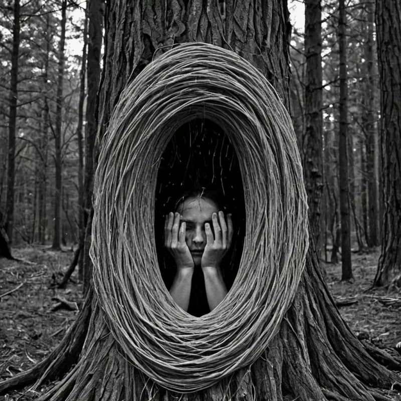 A single, selfattuning filament of reversed memory, shaped like a 59dimensional braid of unformed recollection and inverted nostalgia, drifts through the center of a vast, inverted forest of solidified silenceeach tree carved from the petrified instant between a name whispered and its forgetting, a face seen and its erasure, a moment shared and its dissolution into the void. The filament does not recallit unremembers, each shimmering strand shedding a layer of mnemonic potential that never coalesced into a shared past, reforming into ephemeral, opalthreaded afterimages shaped like the negative space between two hands that never touched, suspended in the breathless, colorless stillness of a world where time