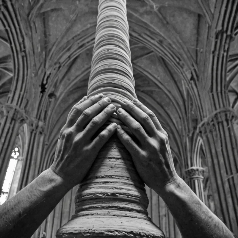 A single, selfigniting filament of reversed silence, shaped like a 59dimensional helix of unformed stillness and inverted quiet, coils through the center of a vast, inverted cathedral of solidified soundeach column forged from the petrified instant between a chimes resonance and its refusal to echo, a hymns rise and its sudden collapse into hollow air, a breath exhaled and its immediate unraveling into pure absence. The filament does not burnit unburns, each trembling strand shedding a layer of thermal potential that never coalesced into a shared warmth, reforming into ephemeral, obsidianthreaded afterimages shaped like the negative space between two hands that never clasped in prayer, suspended