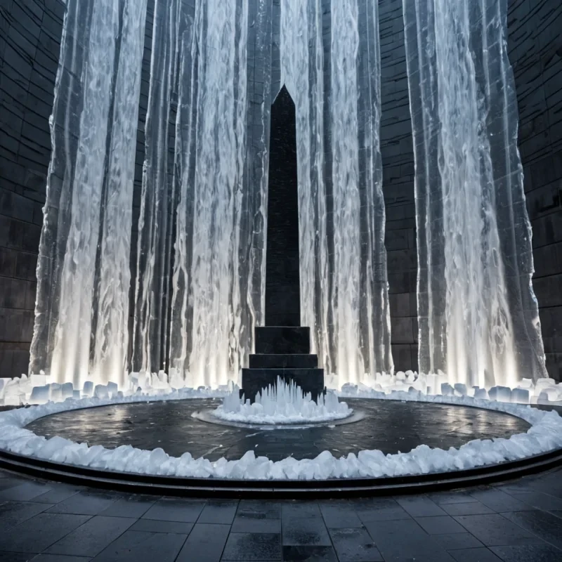A lowangle, wideshot of a serene, circular plaza paved with large, polished slabs of pale, translucent alabaster that glow with a soft, internal pearlescence. The plaza is surrounded by a dense wall of cascading, vertical water curtains that are frozen in midair by intense cold, creating intricate, lacelike ice sculptures that drift down like falling snow. In the center stands a towering, slender obelisk constructed from stacked, concentric rings of matteblack obsidian, each ring rotating independently at different speeds. A solitary figure dressed in a voluminous, structured gown made of layered, translucent organza in shades of deep navy and silver stands at the base of the obelisk, looking up. The lighting is cool