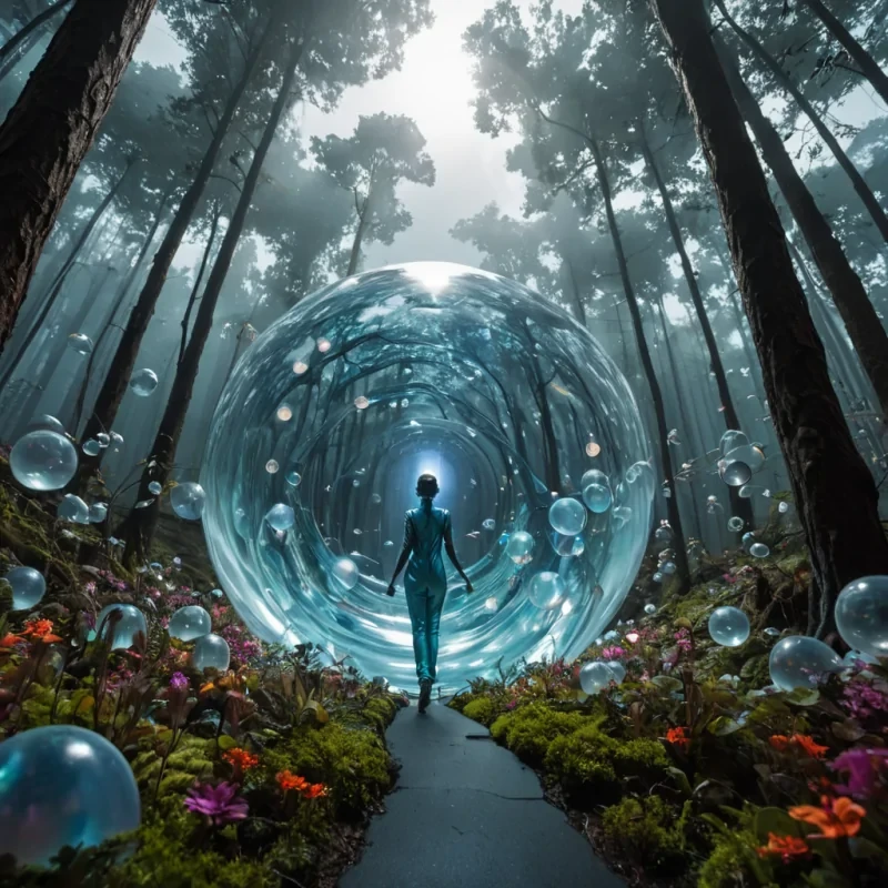 A photorealistic, wormseye view looking up through a dense canopy of massive, translucent, gelatinous spheres that form a floating forest in a zerogravity environment. Each sphere contains a miniature, suspended ecosystem of swirling clouds, tiny islands, and vibrant, neoncolored flora that pulses with rhythmic internal light. The viewer stands on a narrow, winding path made of polished, iridescent motherofpearl that curves upward into the hazy sky. In the immediate foreground, a figure wearing a sleek, minimalist jumpsuit of matte, slateblue fabric with integrated, glowing circuitry leans forward, reaching out to touch the surface of the nearest sphere, causing ripples of light to travel across its membrane. The lighting is eth