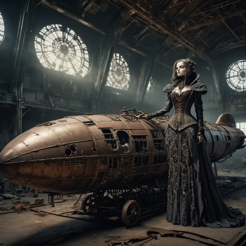 Photorealistic, Ultra HD portrait of a melancholic, sentient automaton, its metallic body adorned with intricate, tarnished filigree, sitting alone in a vast, abandoned zeppelin hangar, surrounded by decaying, vintage airships and faded, sepiatoned posters of longforgotten destinations, with cinematic lighting casting dramatic shadows and emphasizing the intricate, steampunkinspired design, and a subtle, cool bokeh effect creating a sense of isolation and nostalgia, as a lone, spectral comet streaks across the night sky, its glowing tail leaving a trail of stardust in its wake, while a spectral, ethereal figure, cloaked in a tattered, hood