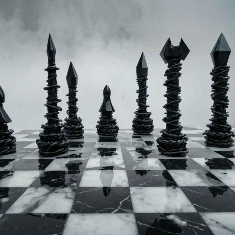 A hyperrealistic, wideangle photograph of a sprawling, infinite chessboard constructed from alternating slabs of polished black granite and raw, roughhewn white marble, stretching toward a vanishing point shrouded in thick, swirling fog. The pieces are not traditional figures but massive, abstract geometric monoliths the pawns are jagged shards of translucent obsidian, the knights are twisted spirals of woven copper wire, and the kings are towering, hollow columns of pale, bioluminescent blue quartz. In the immediate foreground, a single, oversized hand made of smooth, matte ceramic reaches in from the left, fingers poised to move a rook that resembles a perfect, spinning cube of liquid silver. The lighting is dramatic and low