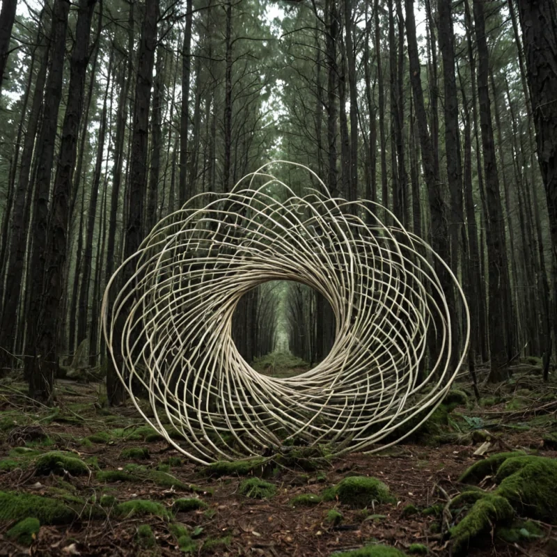 A single, selfilluminating knot of woven silence, shaped like a 7dimensional torus of inverted sound and unformed stillness, pulses at the center of a vast, inverted forest grown from the petrified breaths of a civilization that measured peace through the duration of synchronized, silent meditations held just before the first thought was ever allowed to form. The knot does not glowit unquiets, each twist unraveling a layer of vibrational potential that never coalesced into a shared calm, reforming into ephemeral, moonstonethreaded afterimages shaped like the negative space between two minds that never aligned in the same moment of mutual emptiness. The forest is not botanicalit is a stratified expanse of