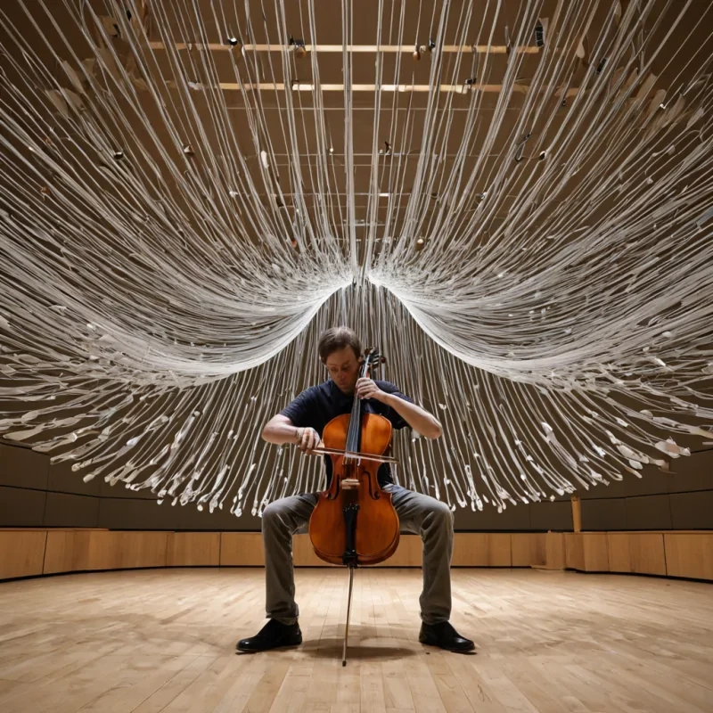 A single, selfoscillating membrane of reversed resonance, shaped like a 3,007dimensional web of unformed vibration and inverted harmony, suspended in the center of a vast, inverted concert hall of solidified dissonance  each filament spun from the exact moment between a violin string being plucked and its refusal to vibrate, a chime struck in silence and dissolving into nonring, a breath held in anticipation and collapsing into pure, unmeasured nonsonic potential. The web does not produce sound  it unproduces it, each trembling strand shedding a layer of harmonic potential that never coalesced into melody or rhythm, reforming into ephemeral, silverthreaded static that pulses like the after