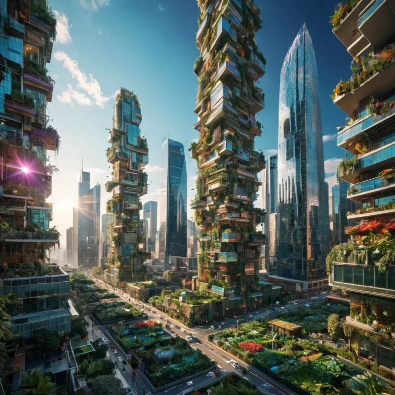 A bustling, vertical cityscape where buildings morph into towering, organic structures, their surfaces covered in iridescent, pixelated mosaics, while levitating gardens drift lazily among the skyscrapers, hyperrealistic, ultra HD, cinematic lighting, volumetric lighting, atmospheric effects, dynamic lighting, lens flare, vibrant colors, detailed textures.