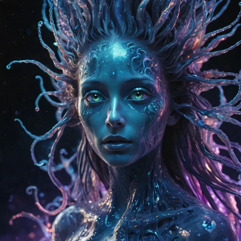 A hyperrealistic, 4K, ultra HD portrait of a mysterious, ethereal being with iridescent skin that shimmers like liquid opal. The beings eyes, a deep, hypnotic indigo, seem to swirl with cosmic nebulae. Their hair, a cascade of bioluminescent fractals, gently pulses with an otherworldly glow. The background is a surreal, underwater landscape of vibrant hydrothermal vents and bioluminescent creatures, with shafts of ethereal light filtering through the waters surface. Cinematic lighting accentuates the beings otherworldly features, while a soft focus blurs the alien aquatic surroundings, creating an enchanting atmosphere.