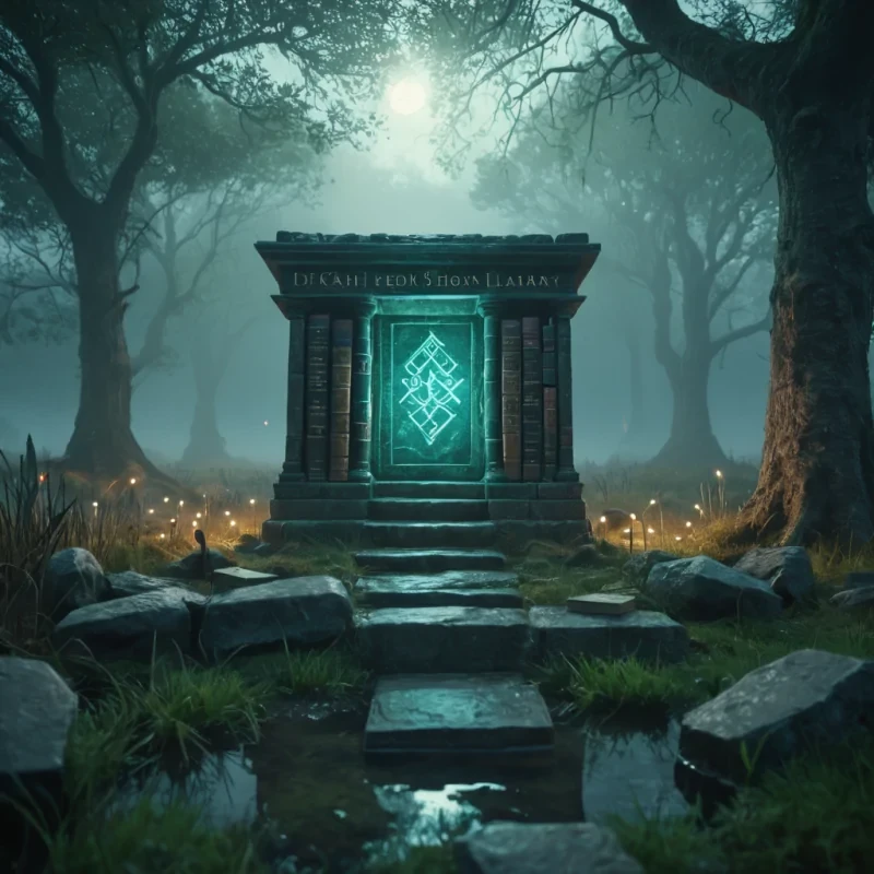 An ancient, levitating library, its stone walls adorned with glowing runes, drifting above a vast, misty marsh, hyperrealistic, 8K, cinematic lighting, volumetric lighting, atmospheric effects, dynamic lighting, bokeh effect, soft focus, lens flare, deep blues and eerie greens, detailed textures.