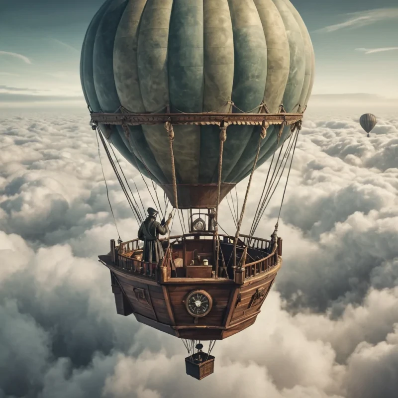 A lone, ancient mariner navigating a sea of clouds in a weathered hot air balloon, guided by a compass that points to the heart of a perpetual storm, hyperrealistic, ultra HD, cinematic lighting, volumetric lighting, atmospheric effects, soft focus, pastel tones, detailed textures.