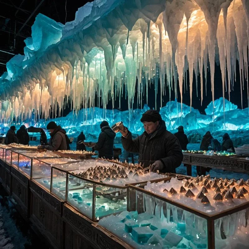 A horizontal, ultrawide cinematic shot of a sprawling, floating marketplace built upon the surface of a massive, translucent ice floe drifting through a dense, pastelcolored aurora borealis. The stalls are constructed from intricately carved blocks of frosted quartz and suspended by thin, glowing tethers of fiberoptic cable that pulse with rhythmic, soft cyan light. In the foreground, a vendor with skin textured like smooth, white alabaster and hair made of cascading, liquid silver pours steaming cups of glowing, goldenhued tea into delicate, hollowedout geodes. Tiny, mechanical birds made of polished copper and glass wings hover around the stalls, carrying spools of iridescent silk between buyers dressed in layered, translucent
