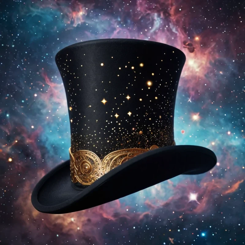 A hyperrealistic, 4K portrait of a whimsical, levitating top hat, its brim adorned with intricate, glowing constellations, set against a vast, cosmic backdrop of swirling galaxies and nebulas, with cinematic lighting casting dramatic shadows and emphasizing the intricate, celestial design, and a subtle, warm bokeh effect creating a sense of ethereal wonder.