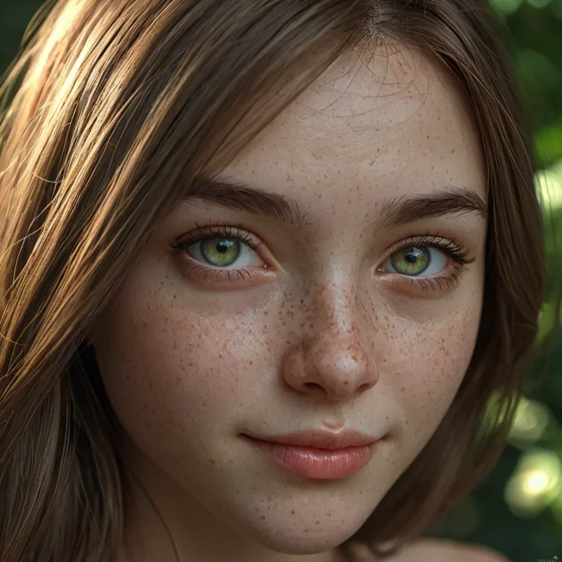 A hyperrealistic, photorealistic portrait of a cute animefaced teen girl with soft, delicate features, large expressive eyes with detailed irises and natural reflections, a gentle, warm smile revealing slightly parted lips, and smooth, flawless skin with subtle freckles. She has long, flowing hair with natural highlights, softly framing her face. The lighting is soft, natural daylight coming from a window, creating gentle shadows and a luminous glow on her face. The background is a softly blurred outdoor garden with green foliage and dappled sunlight, enhancing the serene and peaceful mood. The image is ultradetailed, 8k resolution, cinematic lighting, with high dynamic range and lifelike textures. Art style photorealistic with animeinspired facial proportions, emphasizing realism while retaining the charm of anime aesthetics. Camera perspective closeup portrait, slightly angled, capturing her face and shoulders, with a shallow depth of field. Wellgenerated, highdetailed face, hyperrealistic face, no watermarks or text in the image.