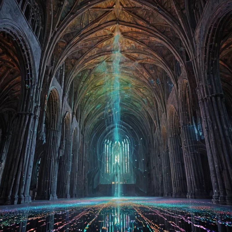 A single, selfreplicating cluster of translucent, geometric spores drifts through the center of a vast, inverted cathedral carved from the inside of a dying nebula, its vaulted ceilings not stone but layers of compressed, fossilized starlight, each arch etched with the faint, iridescent script of a language spoken only in dreams. The spores do not floatthey pulse, each one a tiny, spinning vortex of solidified silence, their surfaces rippling with the thermal afterimage of a breath exhaled into a void that was never filled. The cathedrals floor is not solidit is a thick, viscous layer of liquid memory, its surface cracked in perfect, nonEuclidean patterns that mirror the frequency of