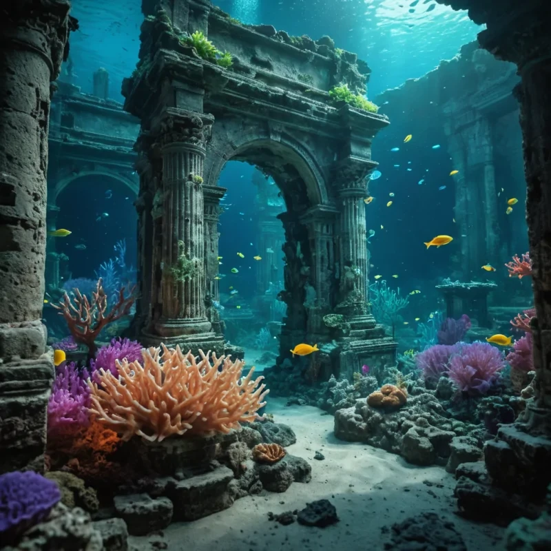 A lush, underwater garden where bioluminescent corals emit a soft, ethereal glow, illuminating schools of iridescent fish darting among the ruins of an ancient, sunken city, hyperrealistic, ultra HD, cinematic lighting, volumetric lighting, atmospheric effects, bokeh effect, vibrant colors, detailed textures.